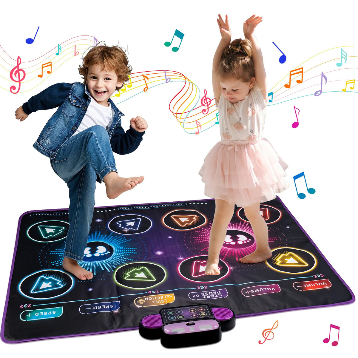 Interactive dance mat with colorful buttons, children dancing, musical notes in the background, vibrant design.