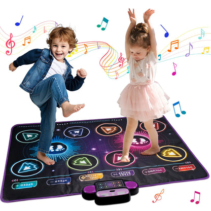 Interactive dance mat with colorful buttons, children dancing, musical notes in the background, vibrant design.