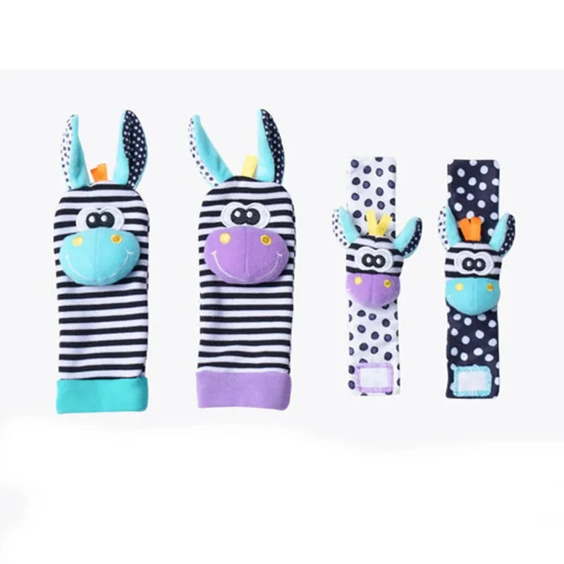 Four striped animal socks with colorful faces, designed for infants, featuring polka dots and playful ears.