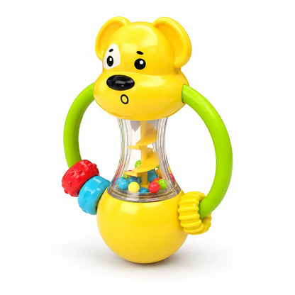 Yellow dog-shaped baby rattle with colorful beads and green handle, shown with measurements on a white background.