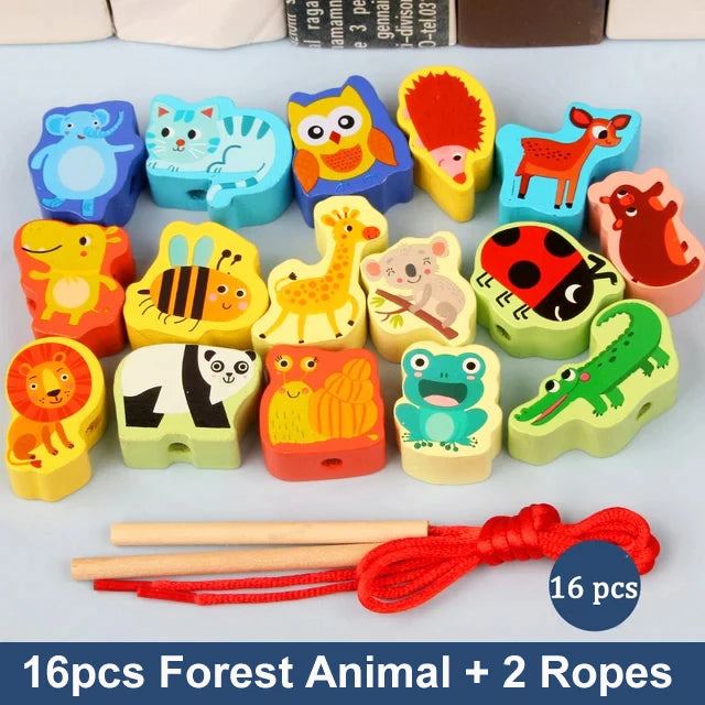 16 colorful wooden animal and fruit beads for threading, includes panda, frog, and owl designs, with two ropes