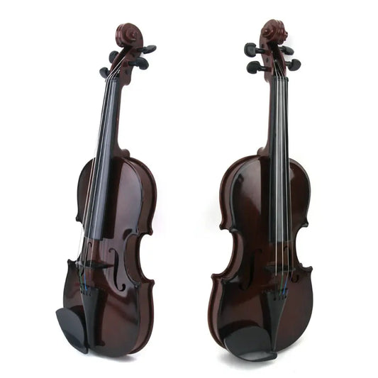 Brown acoustic violin toy with adjustable strings, designed for kids, featuring a glossy finish and realistic details.