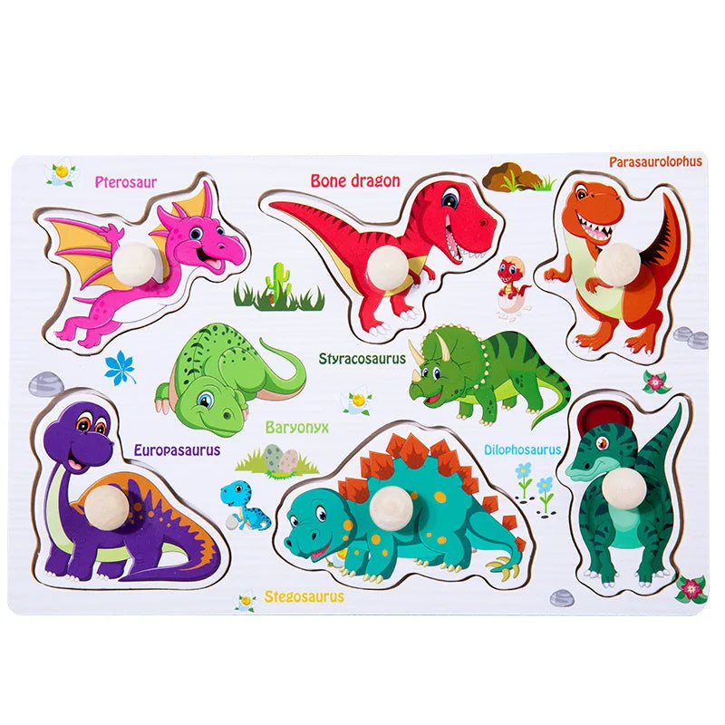 Wooden dinosaur puzzle with colorful cartoon dinosaurs and knobs for toddlers, featuring names of each dinosaur.