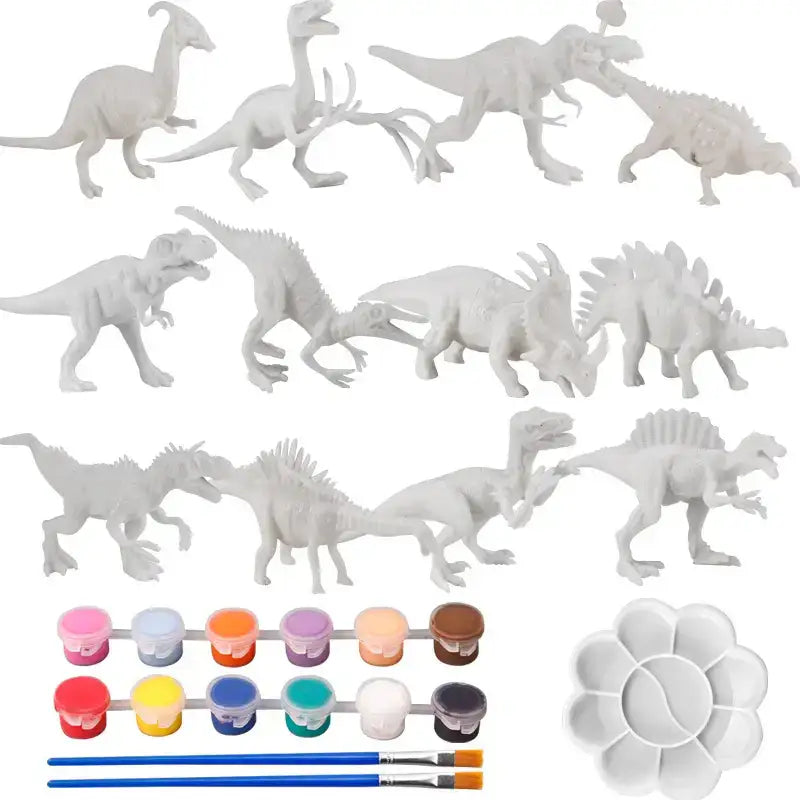 Set of unpainted dinosaur models in white, with paint pots and brushes for DIY painting, suitable for kids.