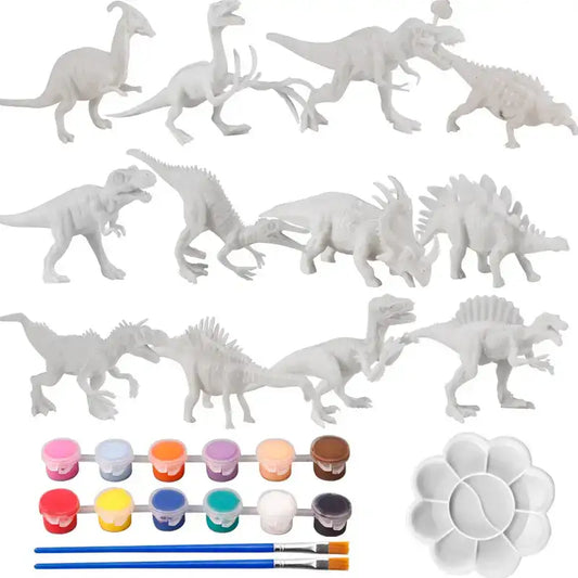 Set of unpainted dinosaur models in white, with paint pots and brushes for DIY painting, suitable for kids.