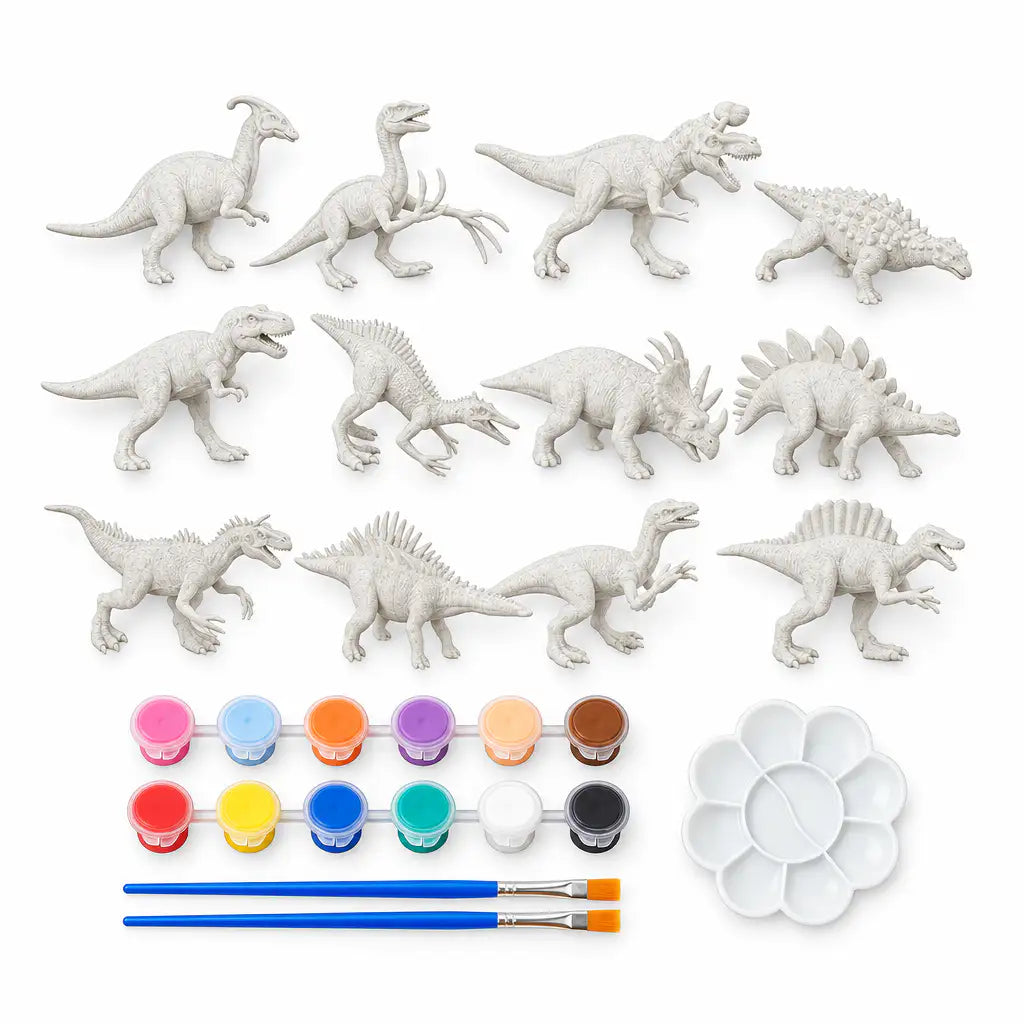 Set of unpainted dinosaur figurines with paint supplies on a white background