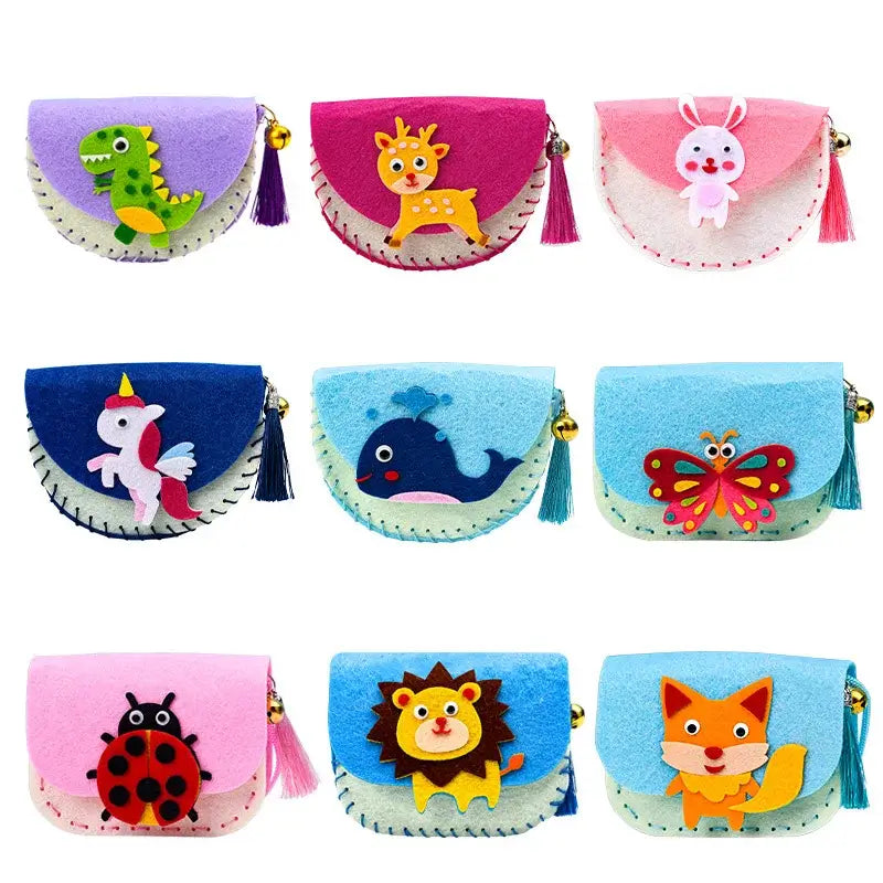 Colorful felt shoulder bags featuring animal designs like a dinosaur, giraffe, and unicorn, with decorative tassels.