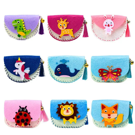 Colorful felt shoulder bags featuring animal designs like a dinosaur, giraffe, and unicorn, with decorative tassels.