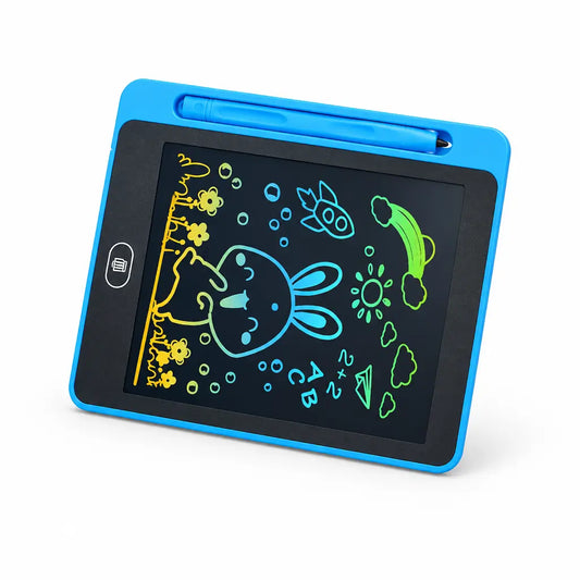 Children's drawing tablet with colorful screen and features on a table with a plant in the background