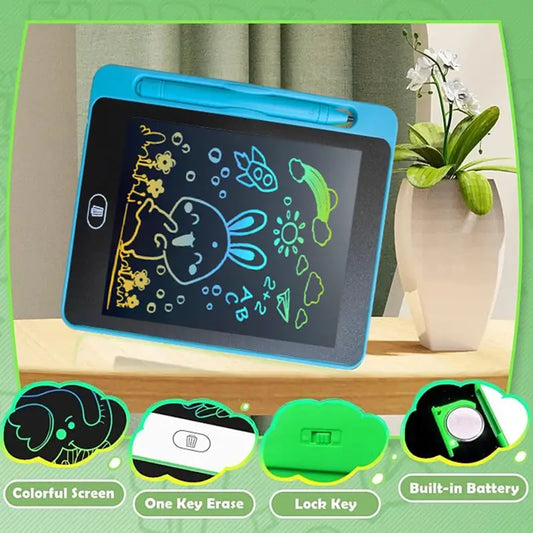 Colorful LCD writing tablet with doodles of a bunny and flowers, blue frame, displayed next to a potted plant.