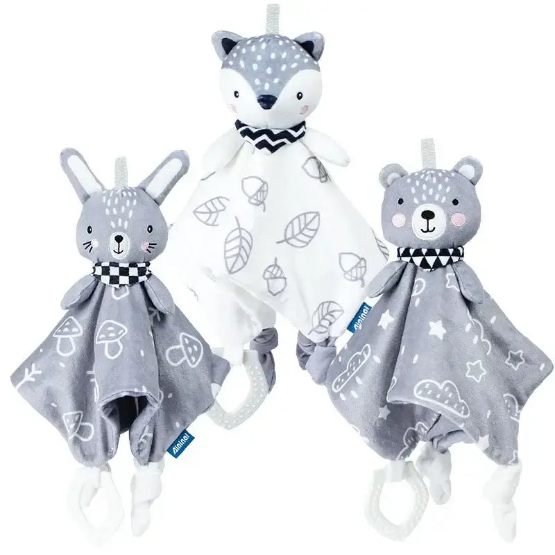 Three plush baby comforter toys in gray tones featuring a bunny, a bear, and a fox with patterned blankets.