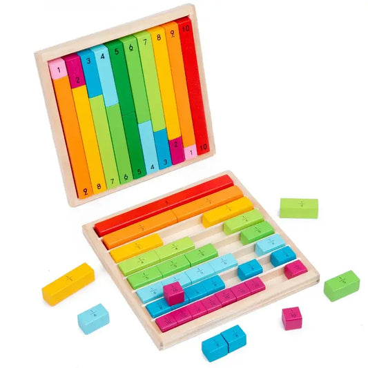 Colorful wooden fraction sticks arranged in a wooden tray, featuring numbers and math symbols, suitable for kids.