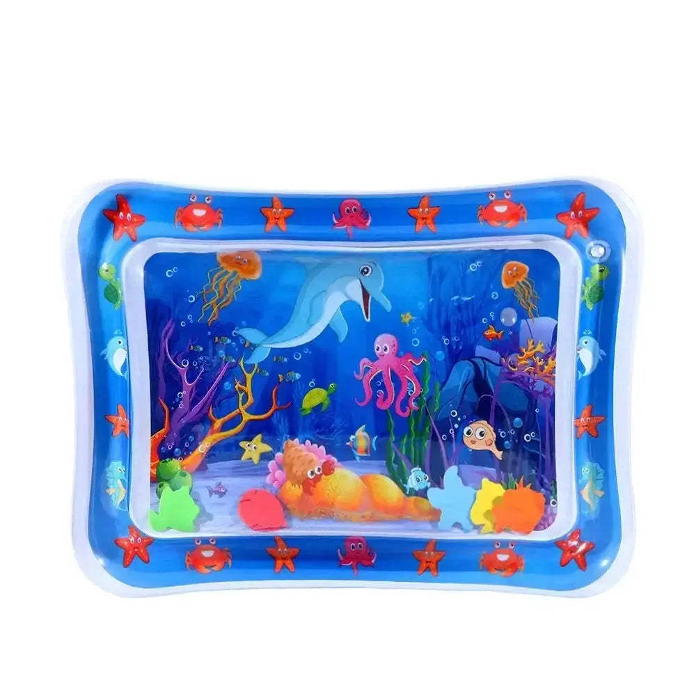 Inflatable baby water play mat with colorful underwater scene featuring fish, octopus, and starfish.