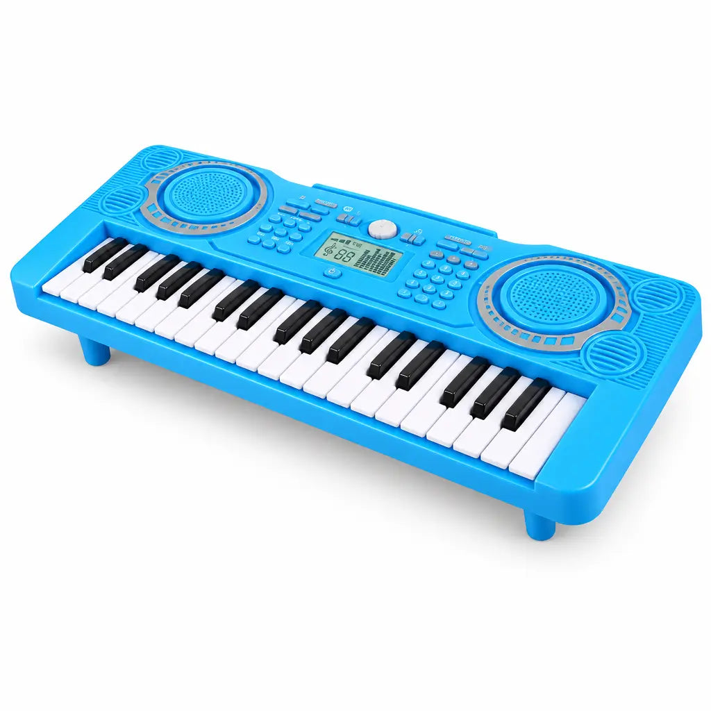 Blue electronic keyboard with 37 keys, two speakers, and a digital display for kids' musical play.