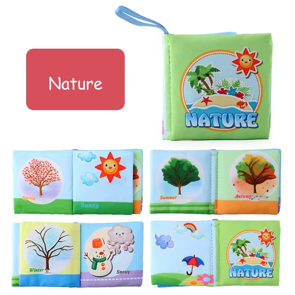 Colorful washable baby cloth book set with nature-themed illustrations, featuring trees and seasons, BPA-free.