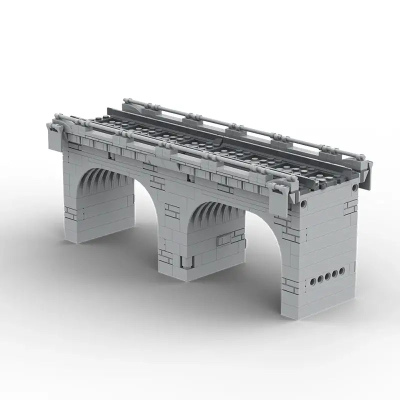 Gray building block model of a traffic bridge viaduct with arches and train tracks on top