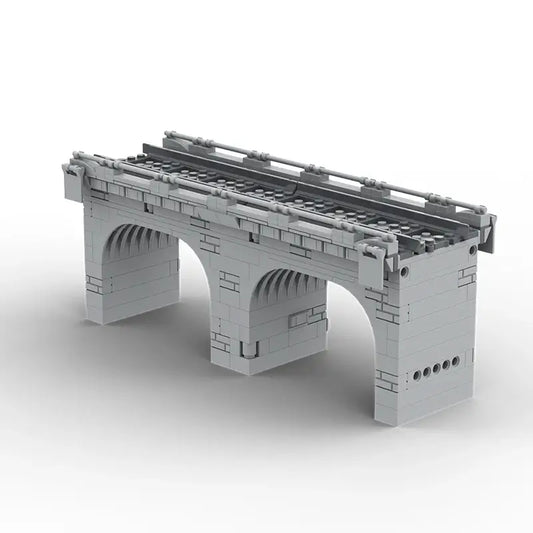 Gray building block model of a traffic bridge viaduct with arches and train tracks on top