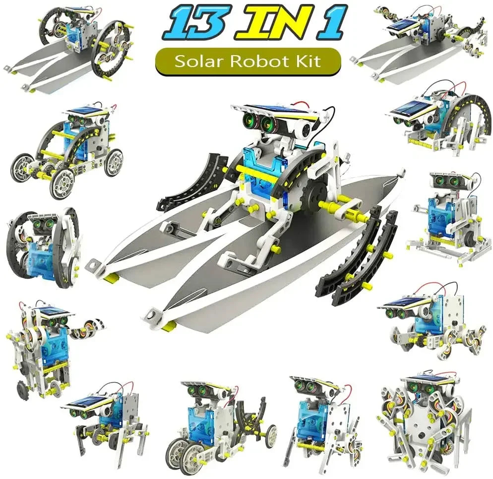 Various configurations of a solar robot kit, featuring colorful plastic parts and wheels, designed for educational play.