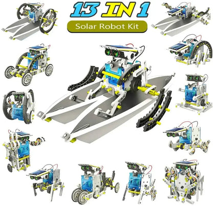 Various configurations of a solar robot kit, featuring colorful plastic parts and wheels, designed for educational play.