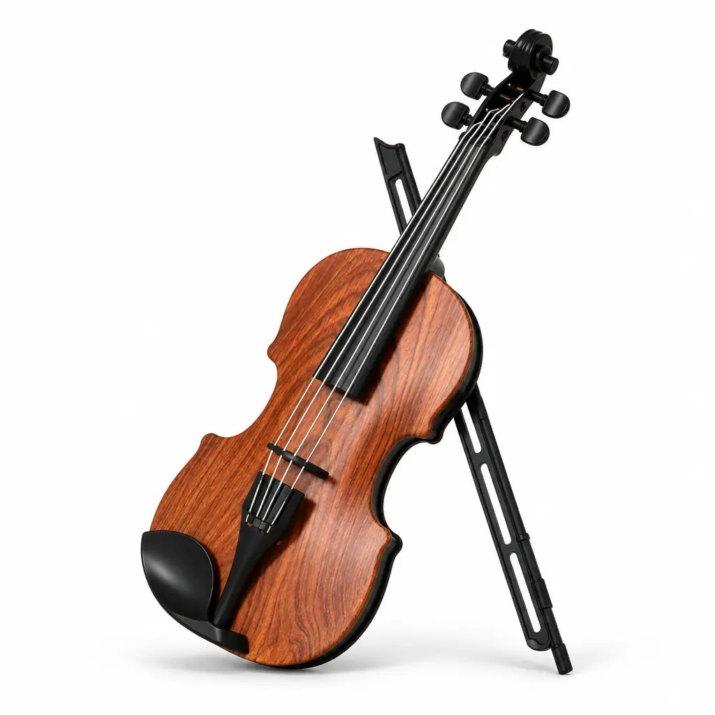 Wooden simulated violin toy with black strings and stand, designed for kids' music play and education.