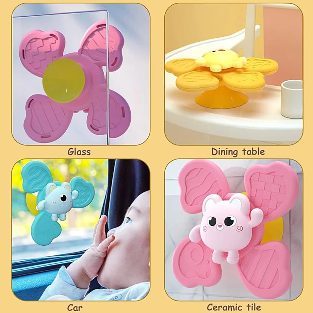 Colorful suction cup bath toy with flower shape, featuring pink and yellow sections and cartoon animal designs.