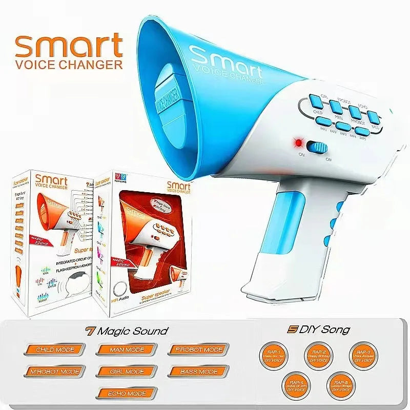 Blue and white electric megaphone with buttons, next to colorful packaging, labeled 'Smart Voice Changer'.