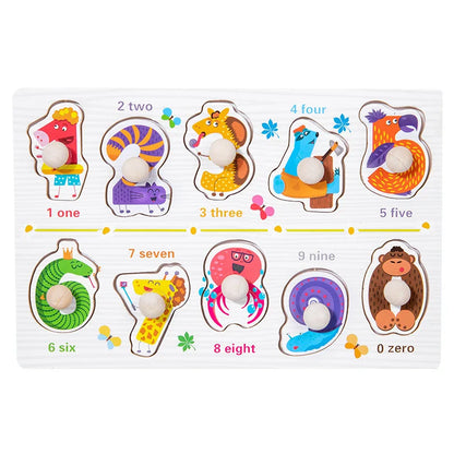 Wooden puzzle board featuring colorful animal shapes and numbers, designed for toddlers' educational play.