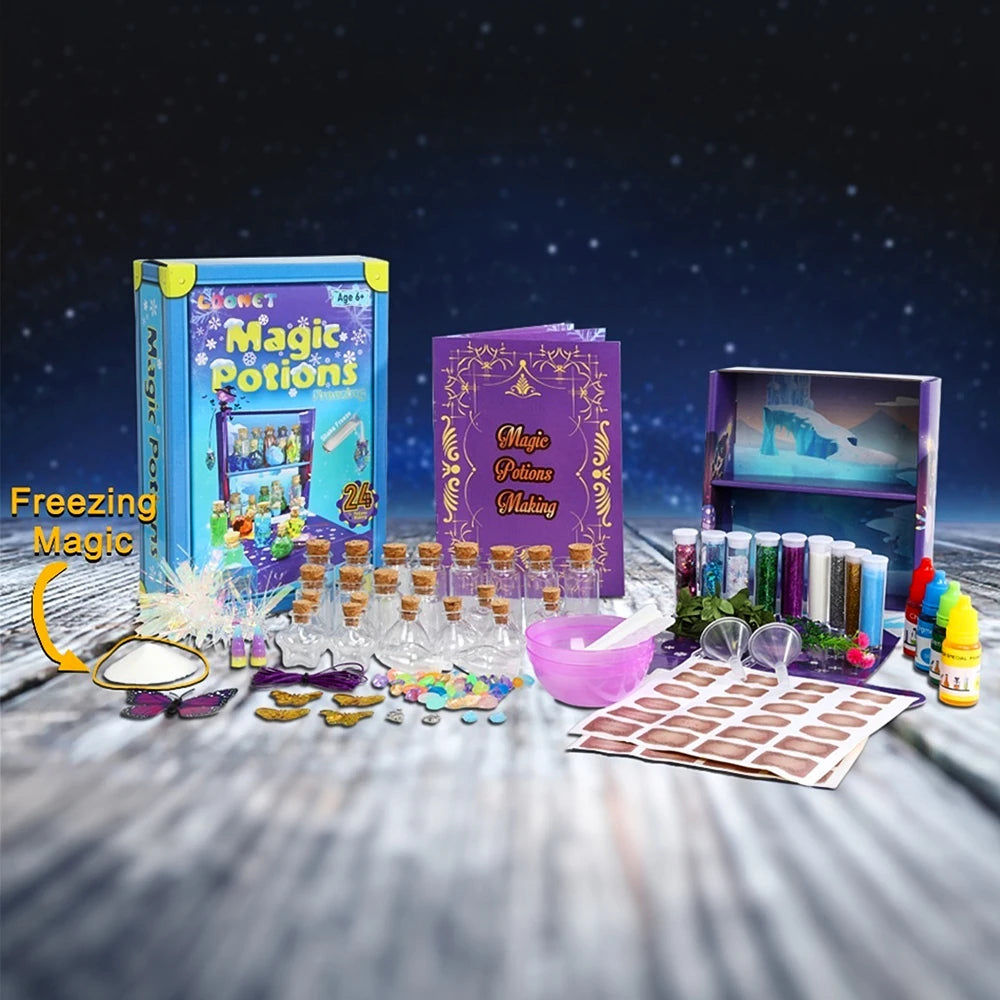 Colorful DIY fairy potion kit with bottles, glitter, and instruction book, set on a wooden surface.