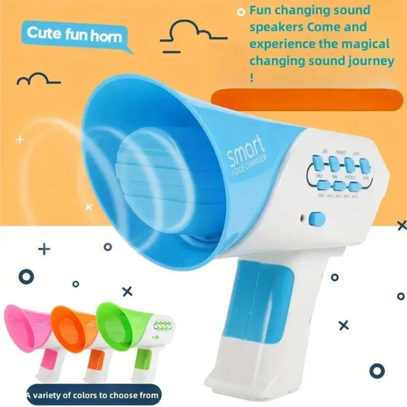 Blue and white voice changer loudspeaker toy with buttons, featuring a horn shape and colorful variations in the background