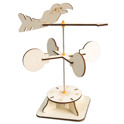 Wooden wind vane toy with a parrot design, featuring circular bases and a central pole for rotation.