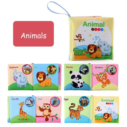 Colorful washable baby cloth book set featuring animal illustrations, teething rings, and multi-textured pages.