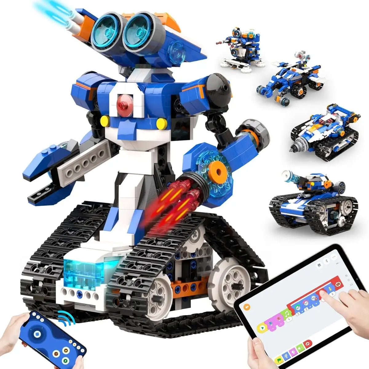 Blue and white robot toy with tracks, remote control, and coding interface, surrounded by smaller robot models.