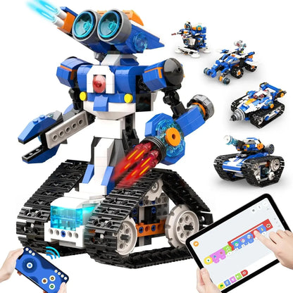 Blue and white robot toy with tracks, remote control, and coding interface, surrounded by smaller robot models.