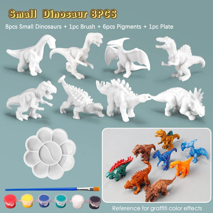 Eight unpainted dinosaur models in various poses, a paint palette, brush, and six paint pots in bright colors.