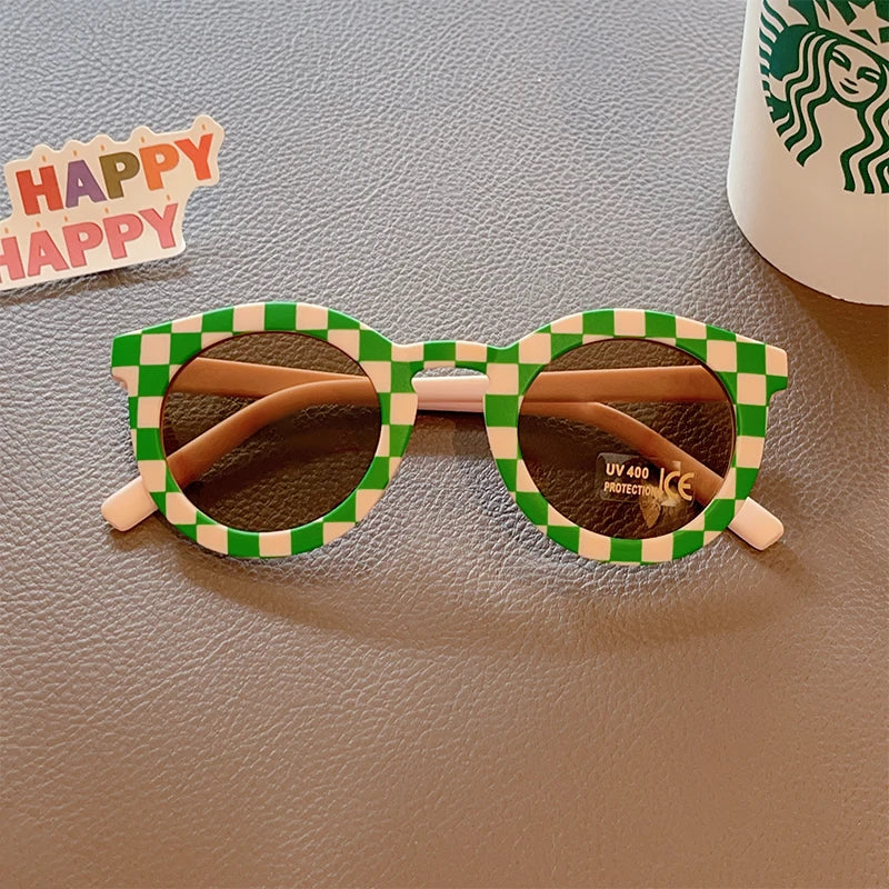 2025 New Kids Cute Checker Panel Color Round UV400 Sunglasses Baby Girls Outdoor Sun Protection Sunglasses Children Sun Glasses