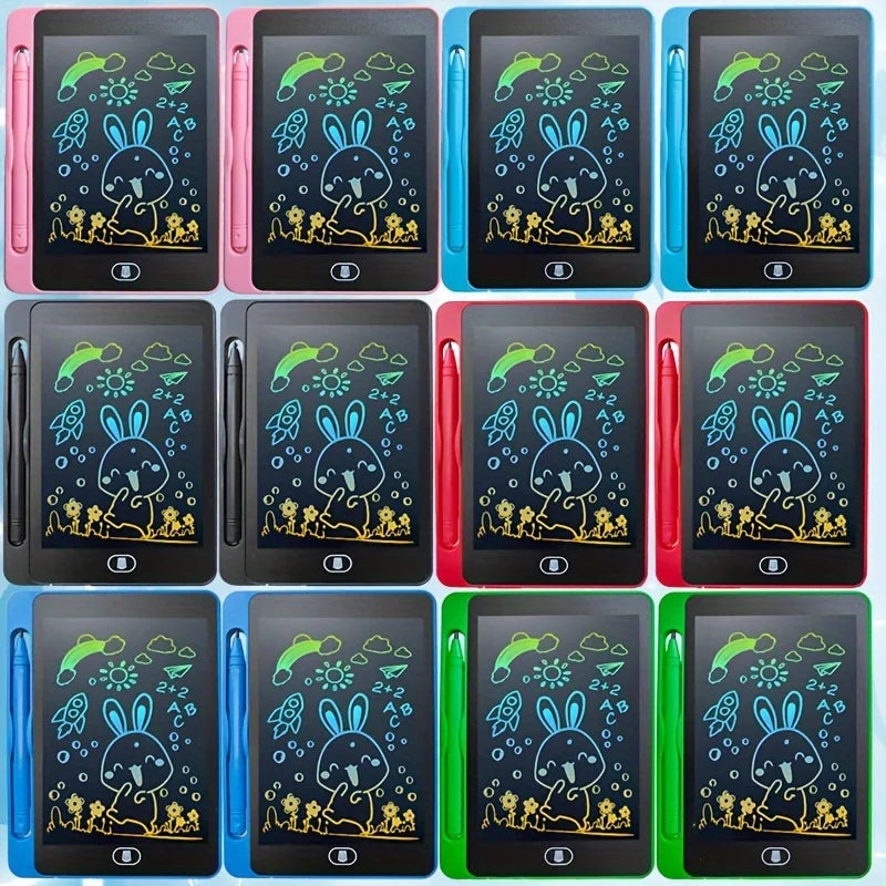 12 colorful LCD writing tablets arranged in a grid, featuring doodles of animals and nature, with stylus pens.