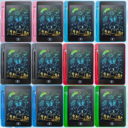 12 colorful LCD writing tablets arranged in a grid, featuring doodles of animals and nature, with stylus pens.