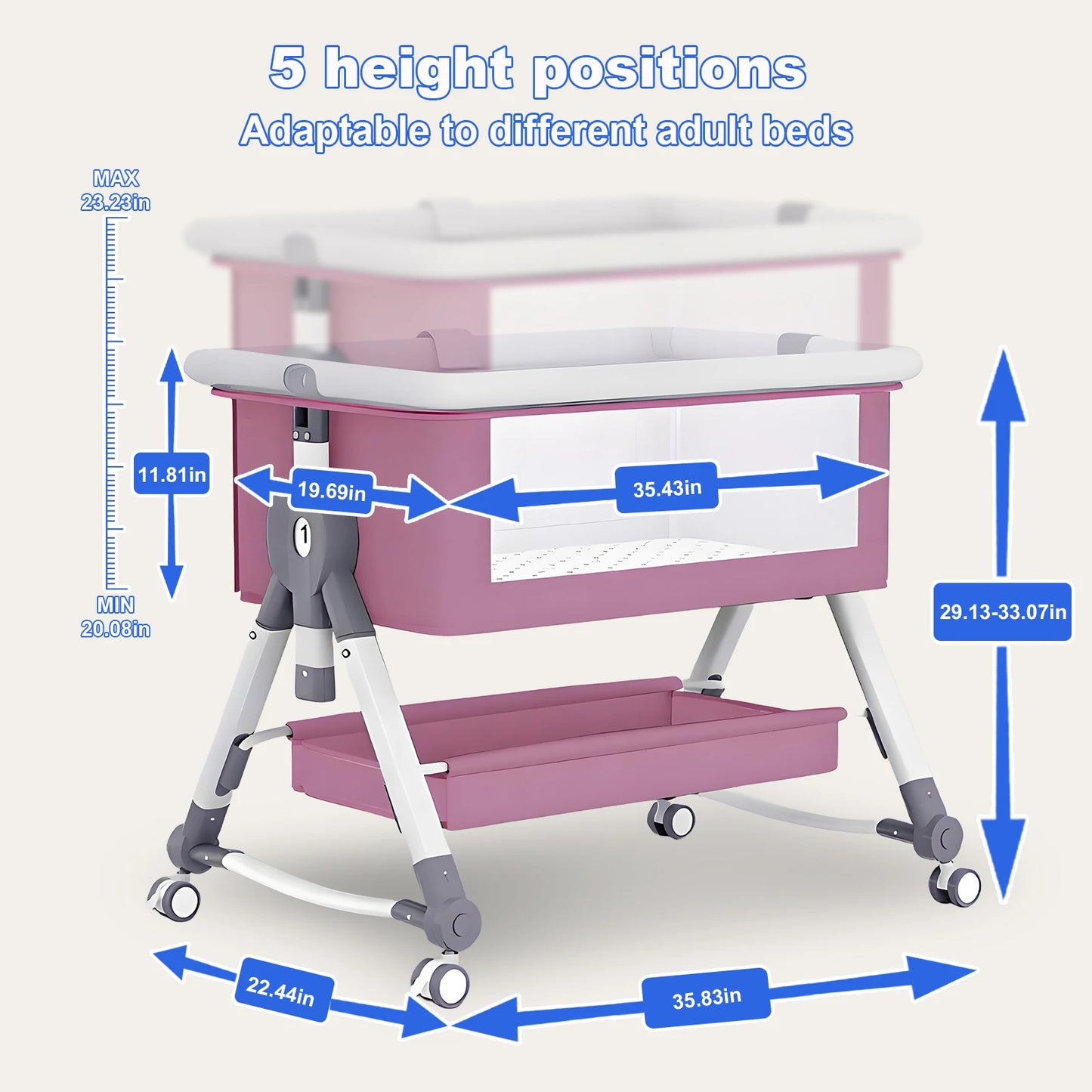 Baby Crib Portable Splicing Cradle Bed Foldable Height Adjustable 3 in 1 Bassinet Bedside Sleeper with Wheels mosquito net
