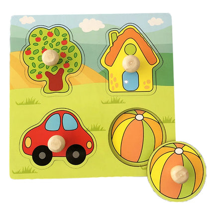 Colorful wooden puzzle featuring a tree, house, car, and beach ball with large knobs for easy grip.