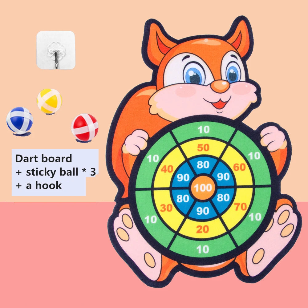 Cartoon rabbit dart board with colorful target and three sticky balls in red, blue, and yellow.