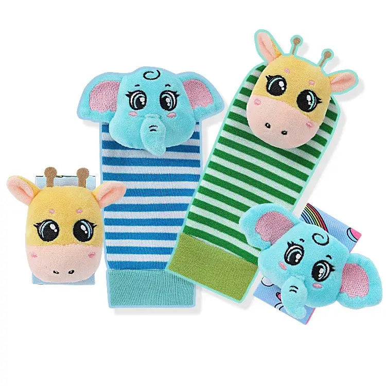 Set of colorful baby socks featuring animal designs: an elephant and a giraffe, with soft textures and playful colors.
