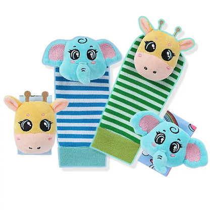 Set of colorful baby socks featuring animal designs: an elephant and a giraffe, with soft textures and playful colors.