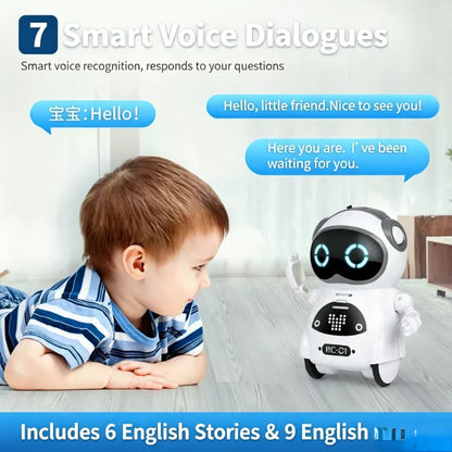 A child interacts with a small white robot toy featuring a smiling face and buttons, on a light background.