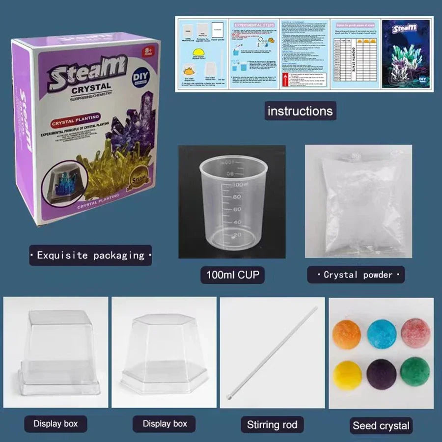 DIY crystal planting kit including packaging, instructions, a measuring cup, crystal powder, display boxes, and a stirring