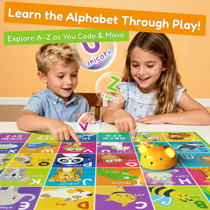 Two children playing with a colorful alphabet mat and a coding robot bear toy, smiling and engaged.