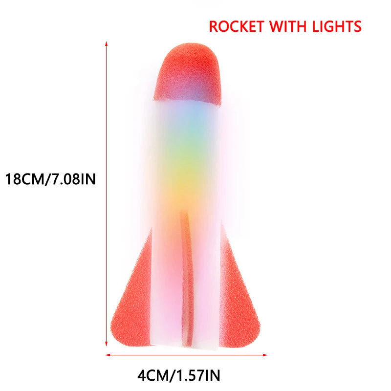 Colorful rocket toy with lights, featuring a red tip and foam body, designed for outdoor play.