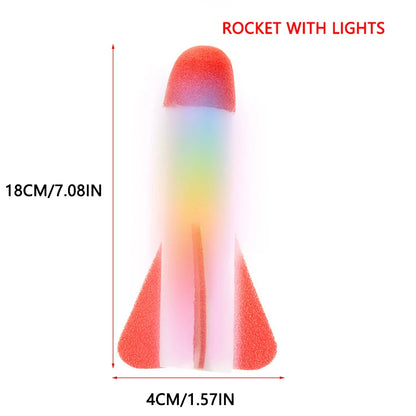 Colorful rocket toy with lights, featuring a red tip and foam body, designed for outdoor play.