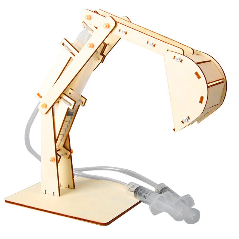 Wooden digging machine toy with articulated arm and syringes, designed for STEM educational projects.