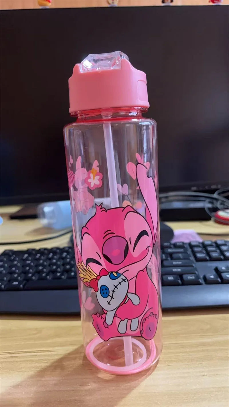 700ML Stitch Angel Cartoon Water Cup Gray Blue Portable Plastic Large Capacity Cartoon Figures Clear Cup Outdoor Sports Water Bo