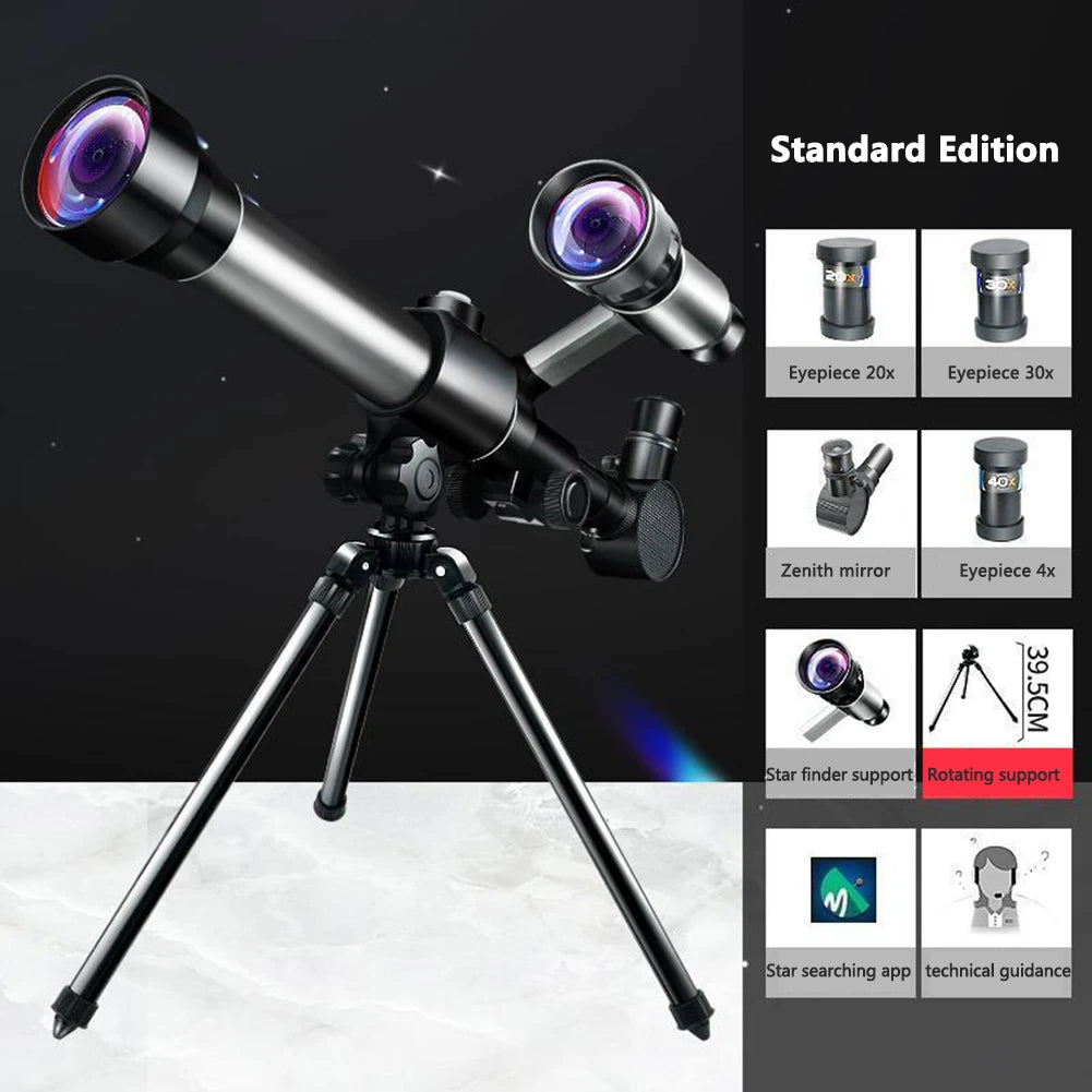 Grey astronomical telescope with three eyepieces, mounted on a tripod, designed for moon and planet observation.